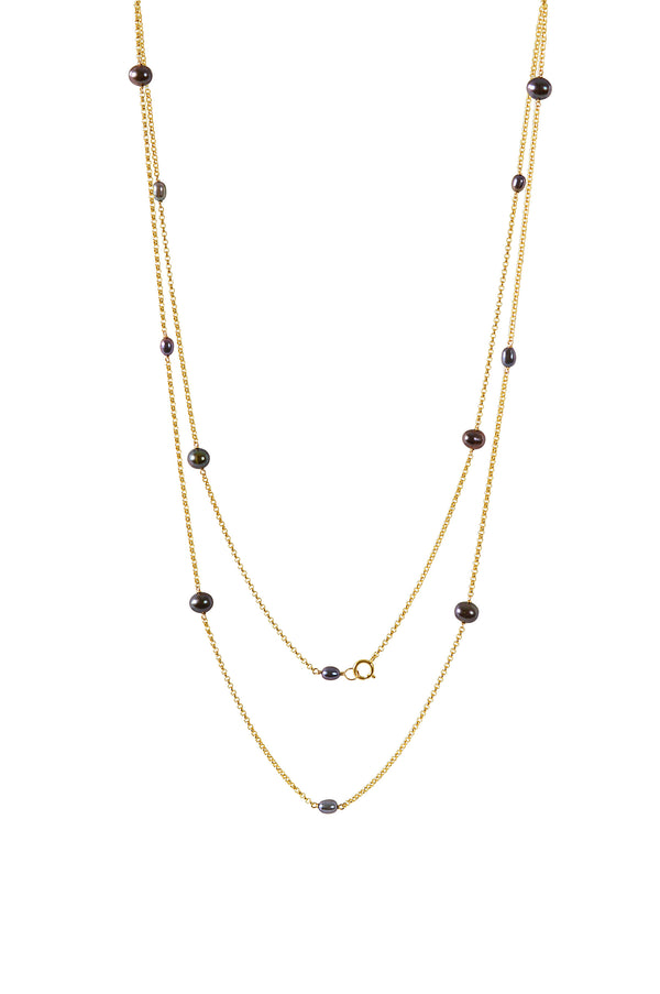 JUNO Long Pearl Necklace, Black Freshwater Pearl Necklace, Opera Length, in 14k Gold, Rose Gold or Sterling Silver