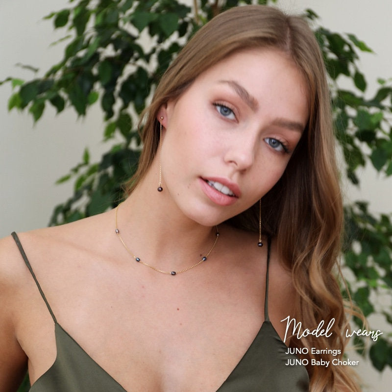 JUNO Black Pearl Earrings and Baby Pearl Choker