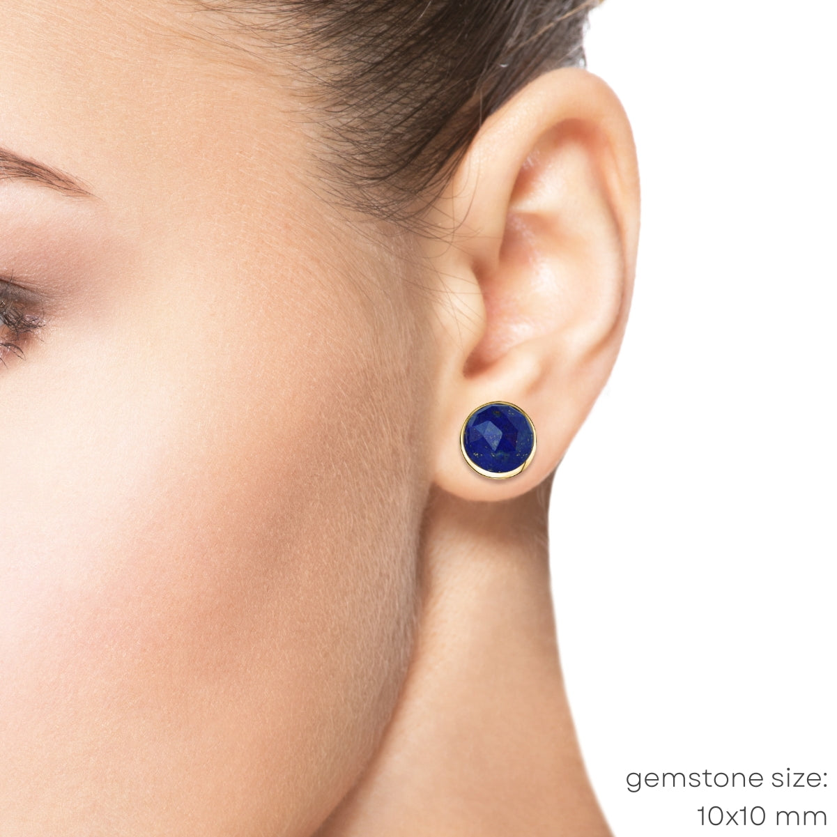 10mm Lapis Lazuli Stud earrings on a model
