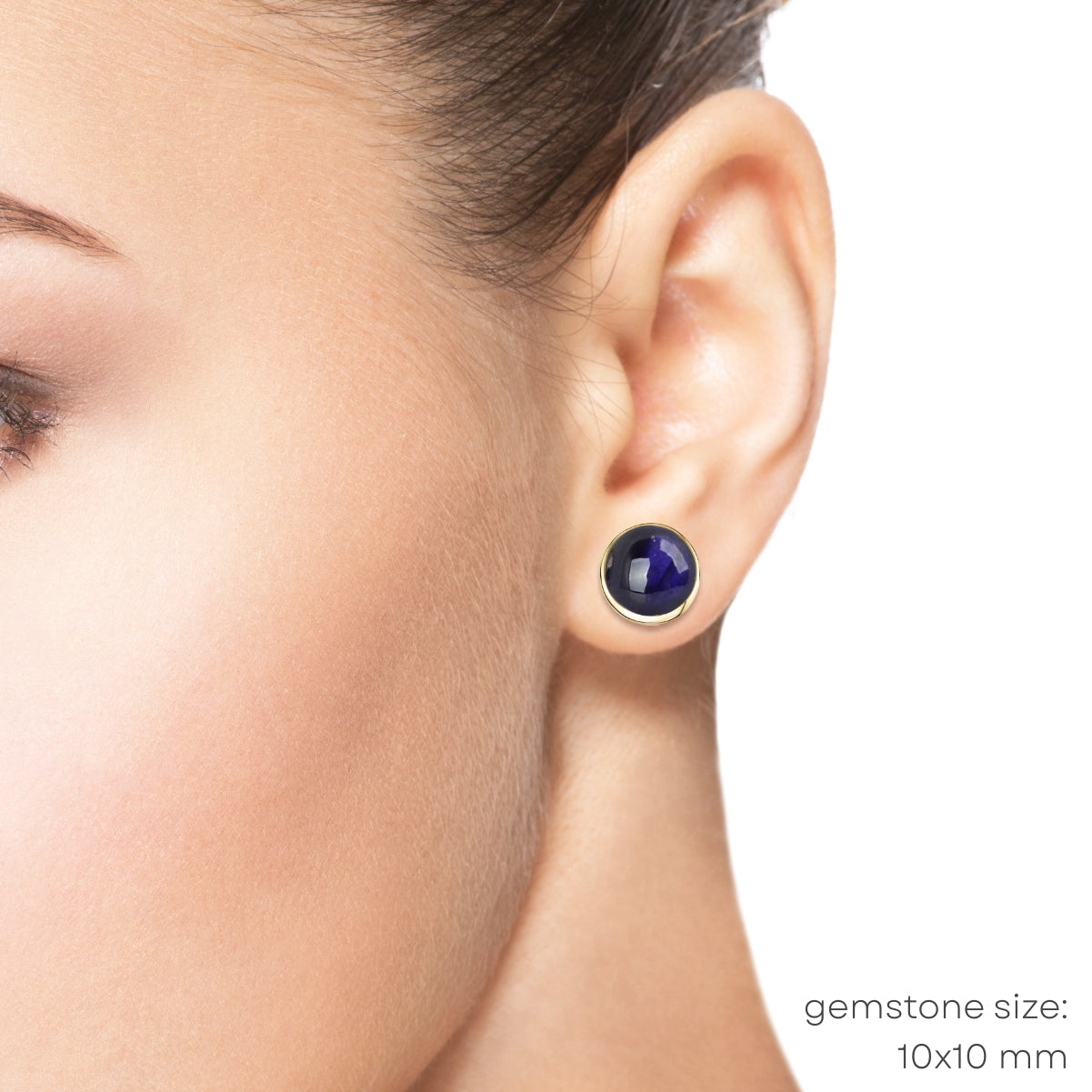 10mm iolite stud earrings on model
