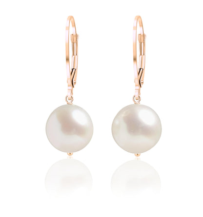 White Pearl Earrings · LUNA, Classic Round Freshwater Pearl Drop Earrings in Solid 14k Gold, Bridal Jewelry, Minimalist Gift for Her