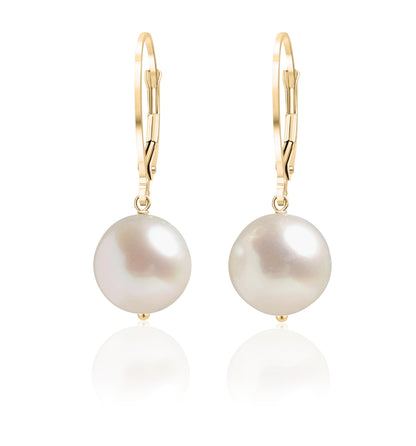 White Pearl Earrings · LUNA, Classic Round Freshwater Pearl Drop Earrings in Solid 14k Gold, Bridal Jewelry, Minimalist Gift for Her