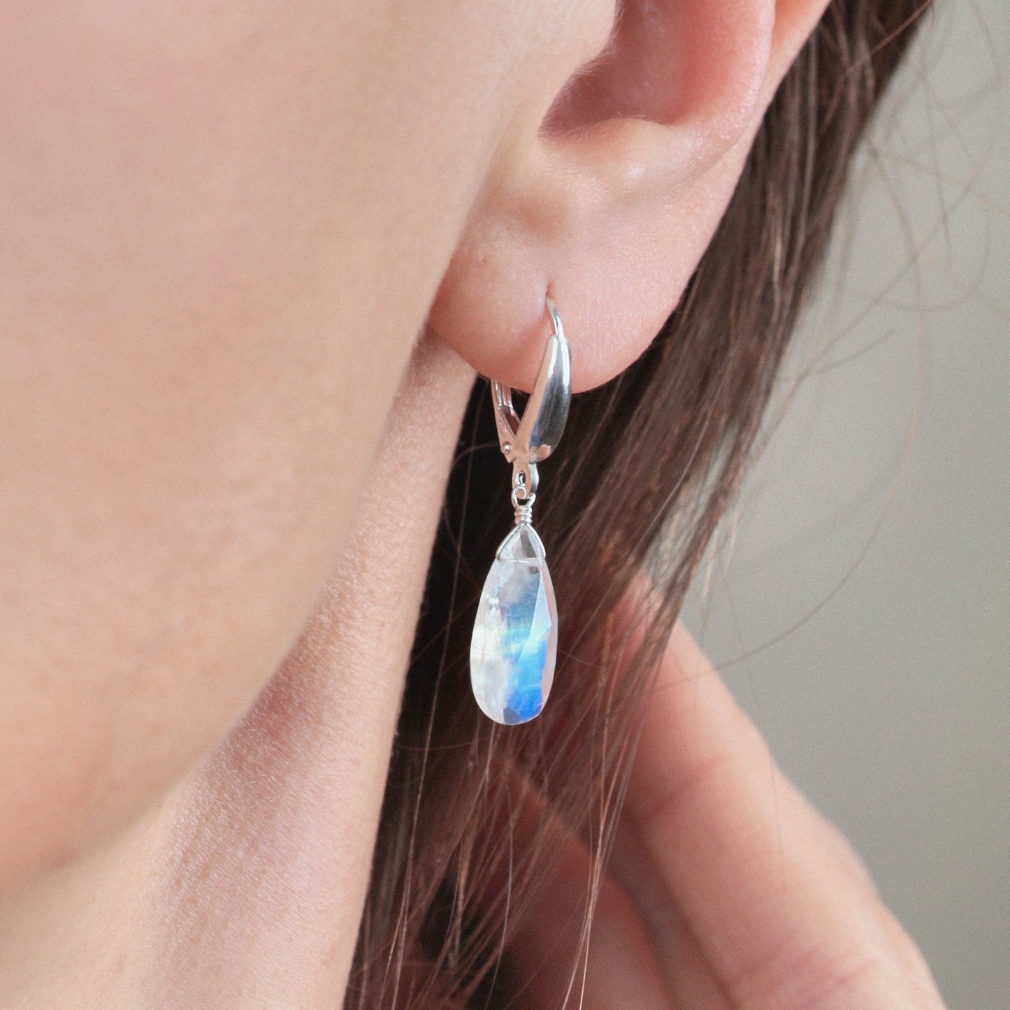 Large Rainbow Moonstone Huggie Earrings