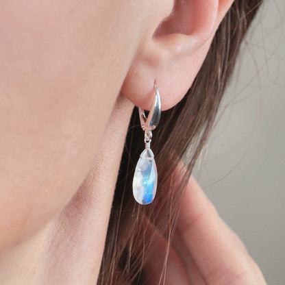 Large Rainbow Moonstone Huggie Earrings