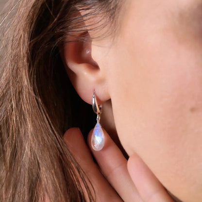 Large Rainbow Moonstone Huggie Earrings