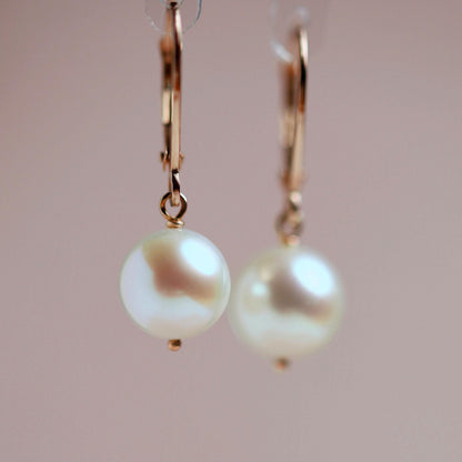 White Pearl Earrings · LUNA, Classic Round Freshwater Pearl Drop Earrings in Solid 14k Gold, Bridal Jewelry, Minimalist Gift for Her