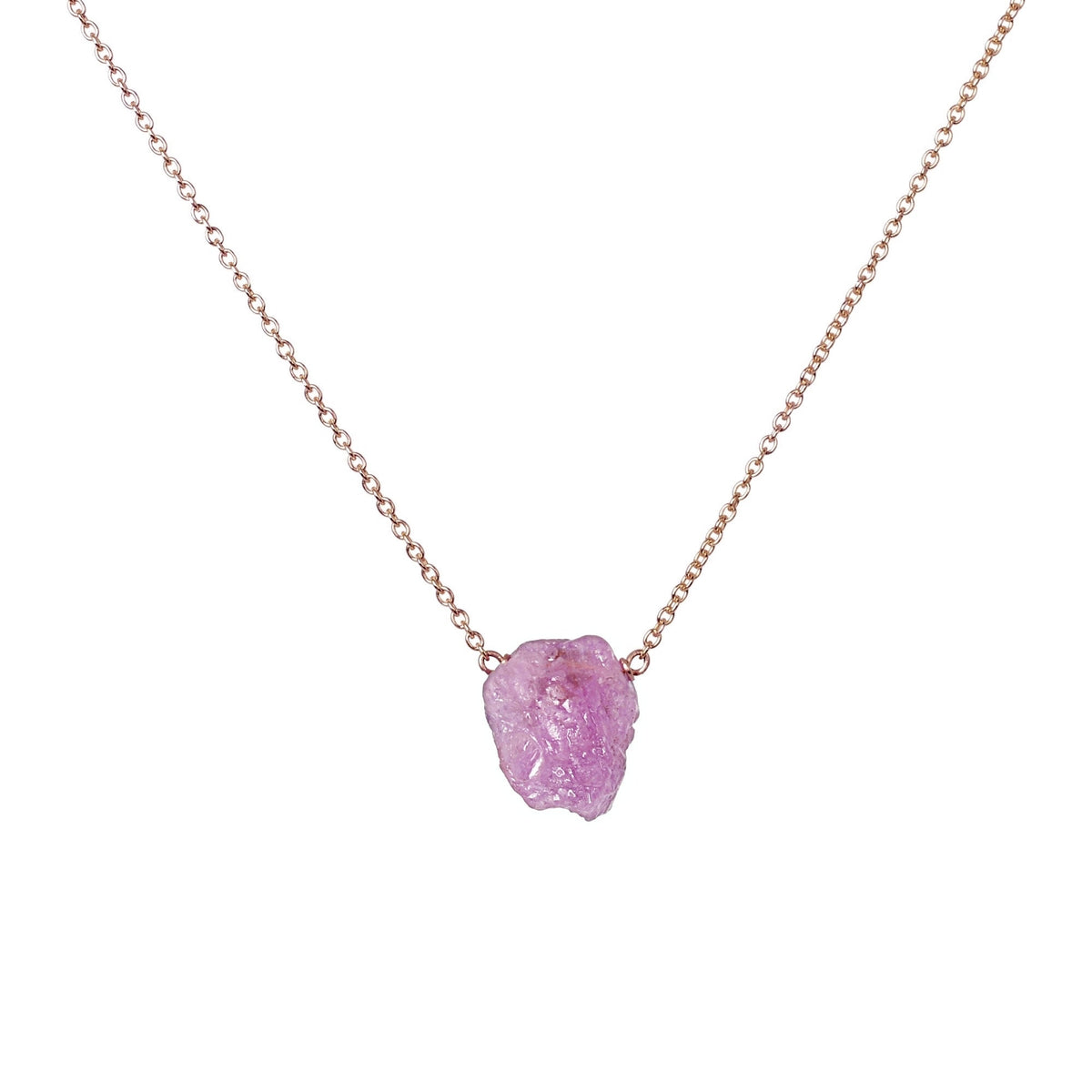 Raw Pink Sapphire Necklace, September Birthstone, Genuine Raw Pink Crystal Pendant in 14k Rose Gold. Gift for Women
