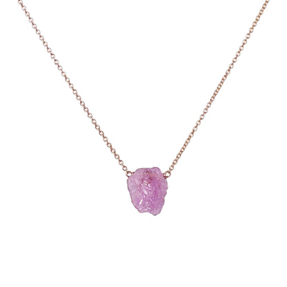 Raw Pink Sapphire Necklace, September Birthstone, Genuine Raw Pink Crystal Pendant in 14k Rose Gold. Gift for Women