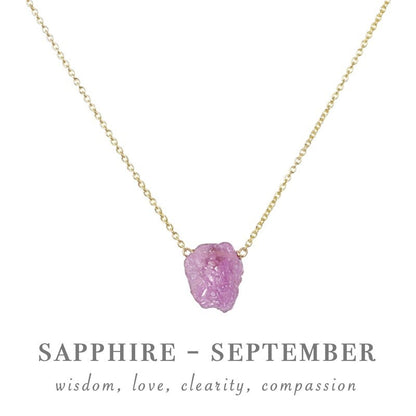 Raw Pink Sapphire Necklace, September Birthstone, Genuine Raw Pink Crystal Pendant in 14k Gold. Gift for Women