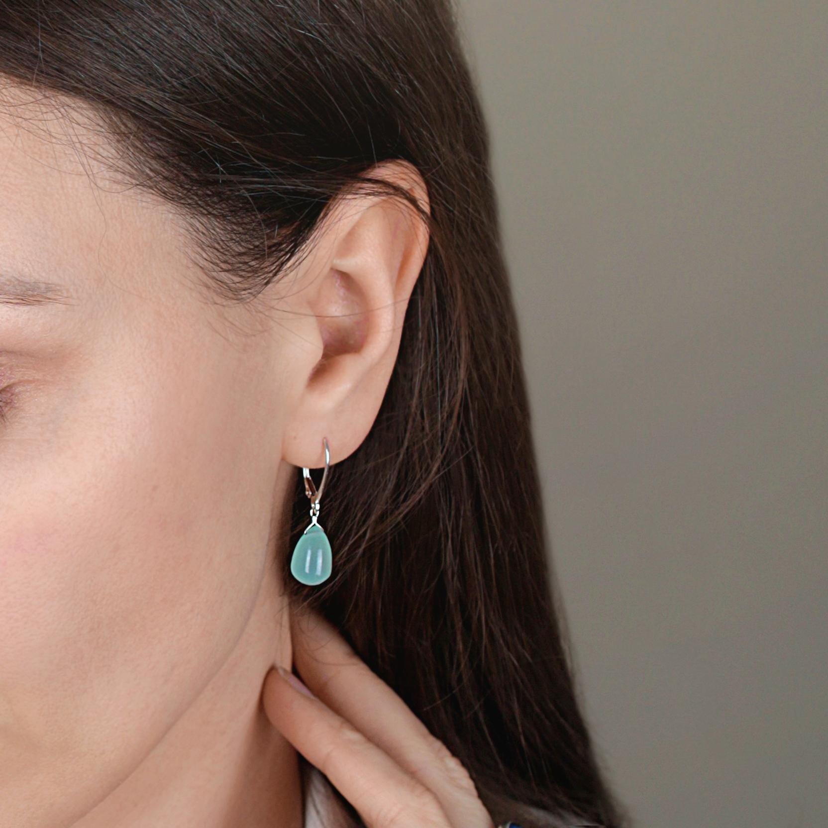 14k Gold Chrysoprase Earrings, Mint Green Chalcedony Teardrop Leverback