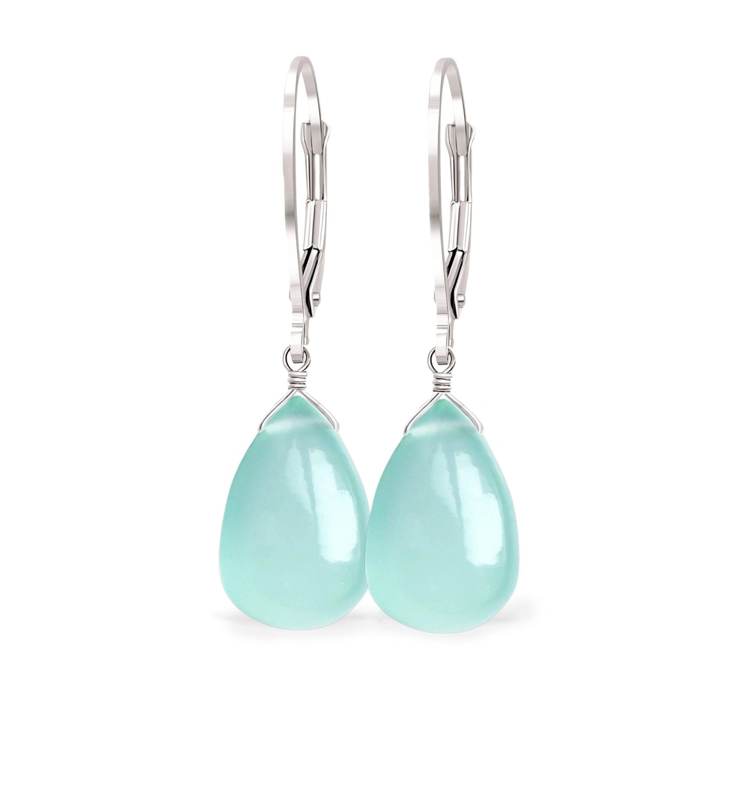 14k Gold Chrysoprase Earrings, Mint Green Chalcedony Teardrop Leverback