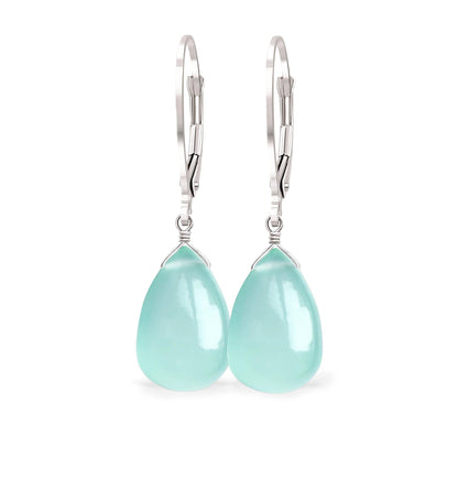 14k Gold Chrysoprase Earrings, Mint Green Chalcedony Teardrop Leverback