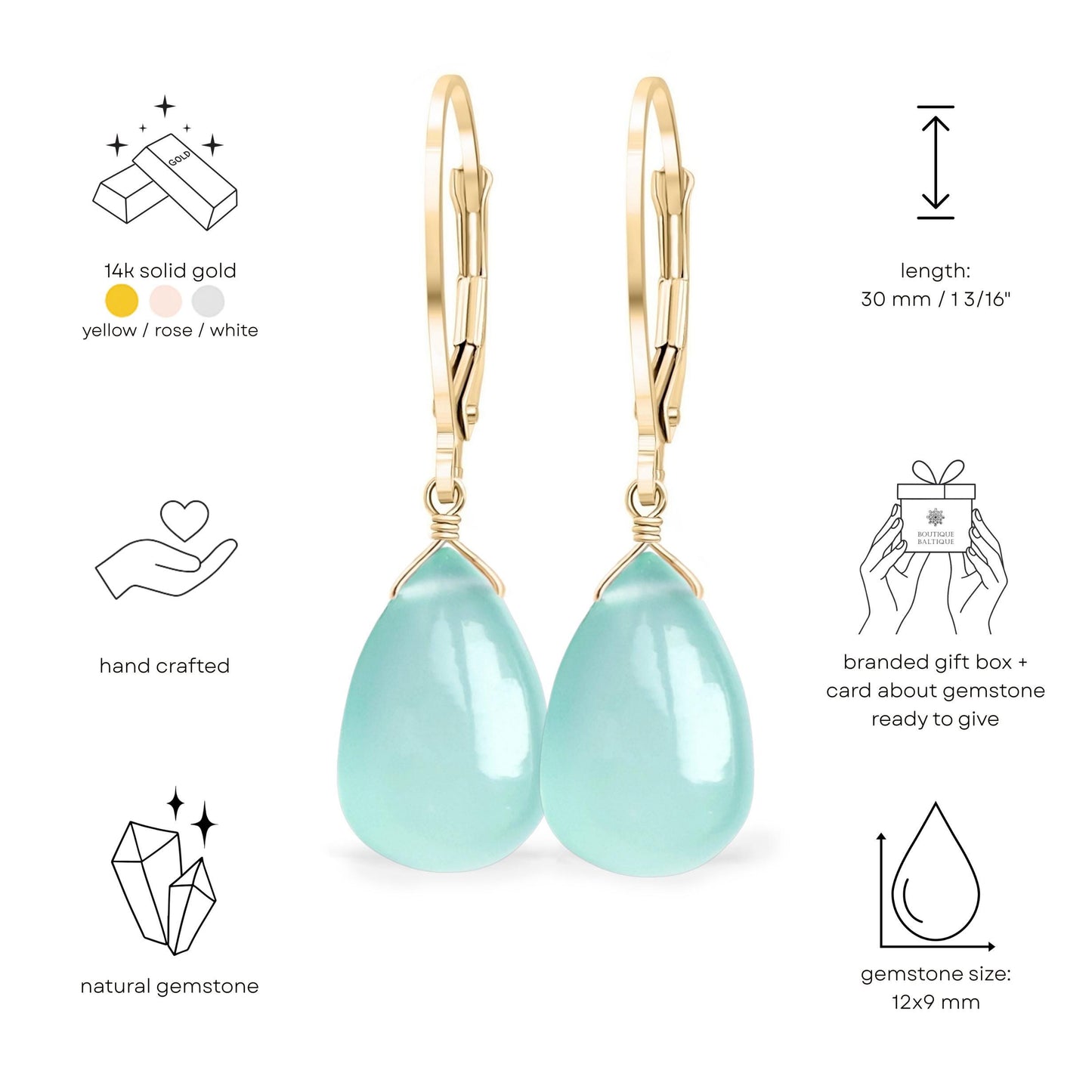 14k Gold Chrysoprase Earrings, Mint Green Chalcedony Teardrop Leverback