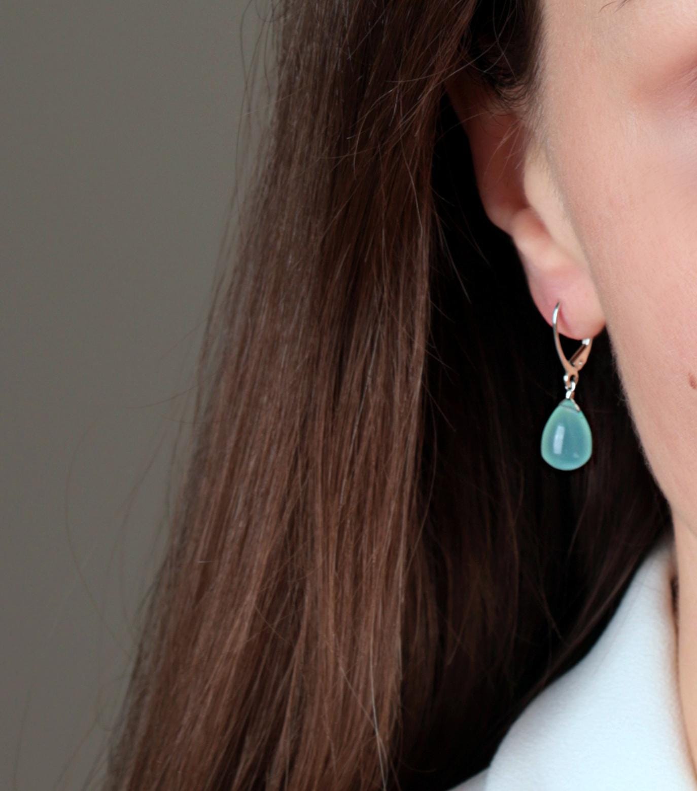 14k Gold Chrysoprase Earrings, Mint Green Chalcedony Teardrop Leverback