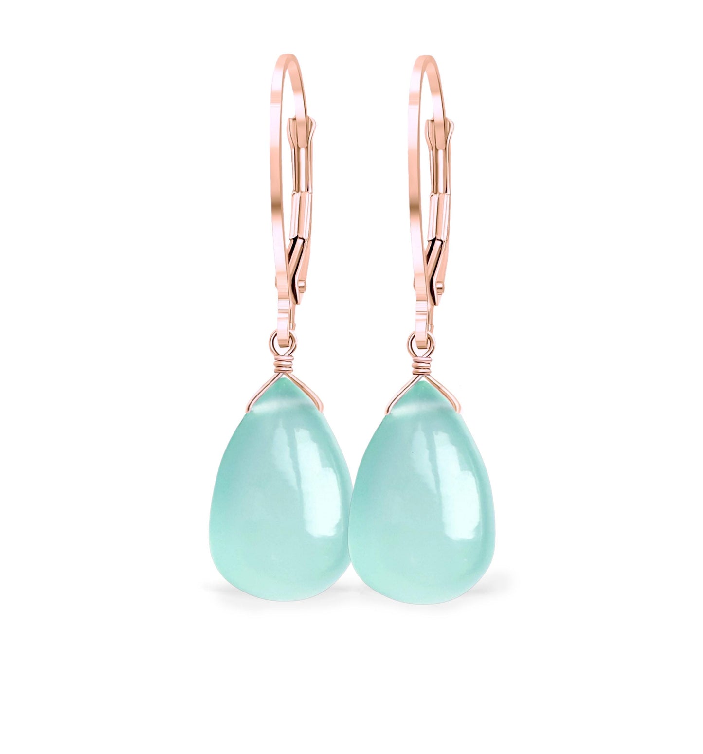 14k Gold Chrysoprase Earrings, Mint Green Chalcedony Teardrop Leverback