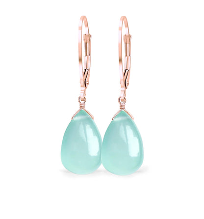 14k Gold Chrysoprase Earrings, Mint Green Chalcedony Teardrop Leverback