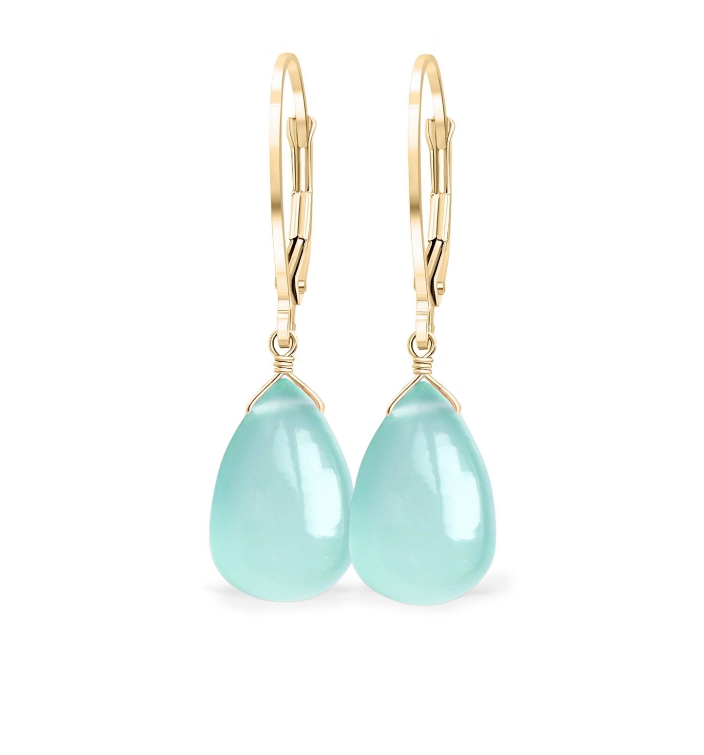 14k Gold Chrysoprase Earrings, Mint Green Chalcedony Teardrop Leverback