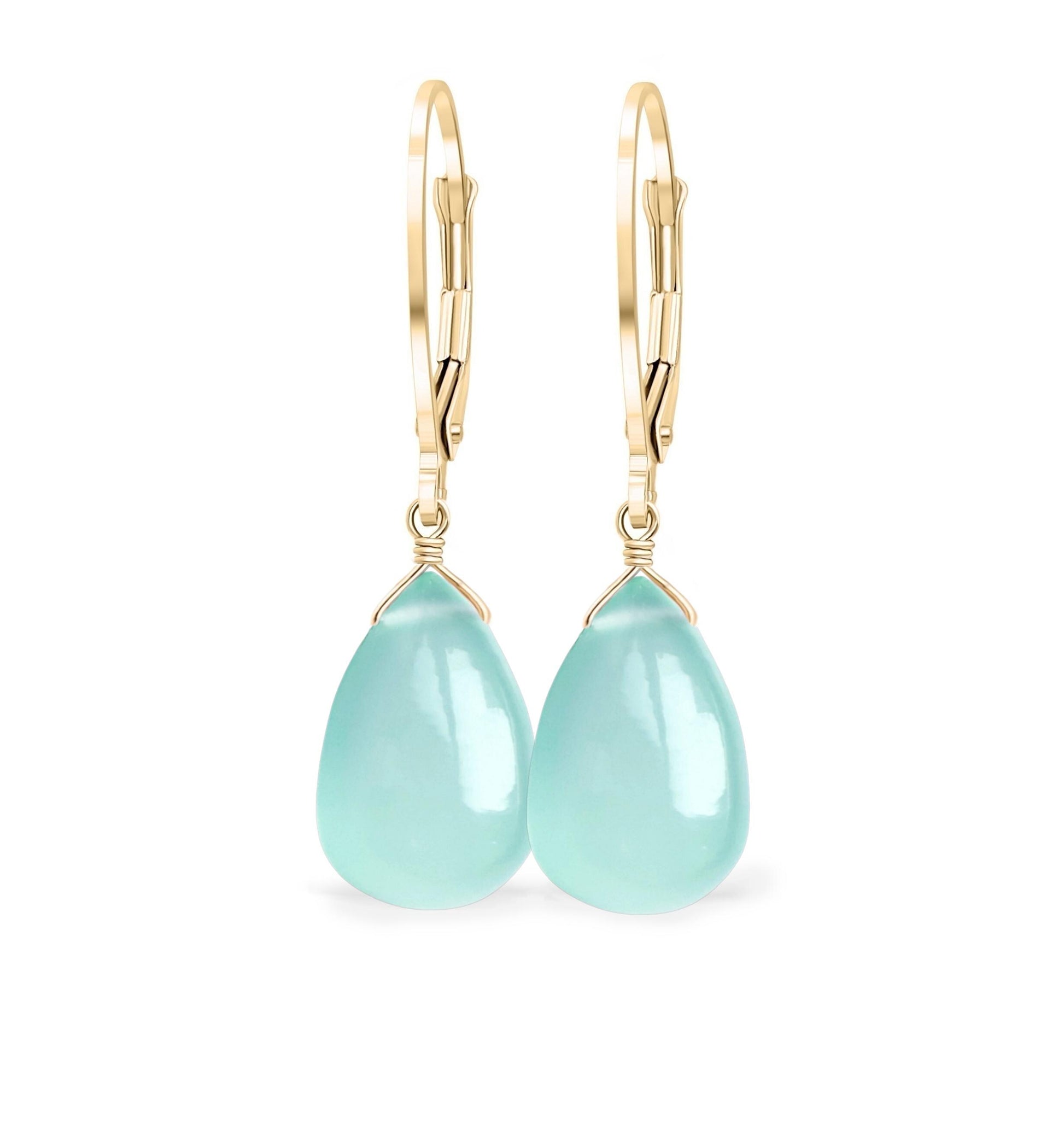 14k Gold Chrysoprase Earrings, Mint Green Chalcedony Teardrop Leverback