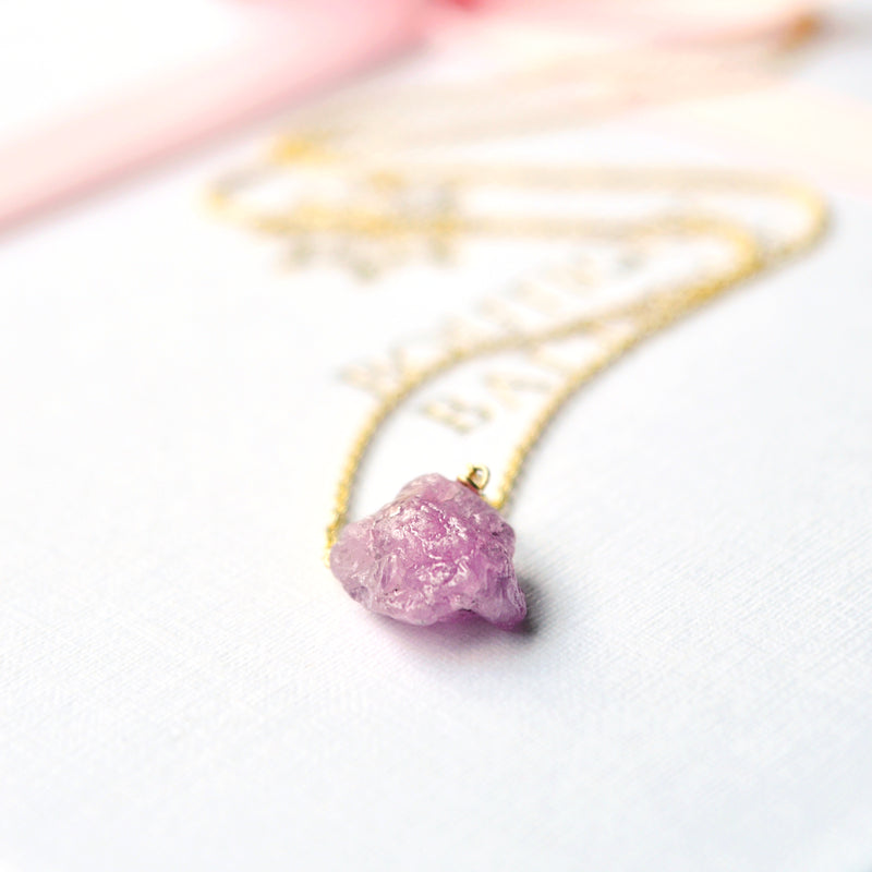 Raw Pink Sapphire Necklace, Gold