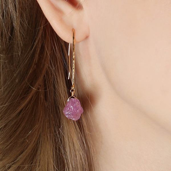 Raw Pink Sapphire Earrings, Gold