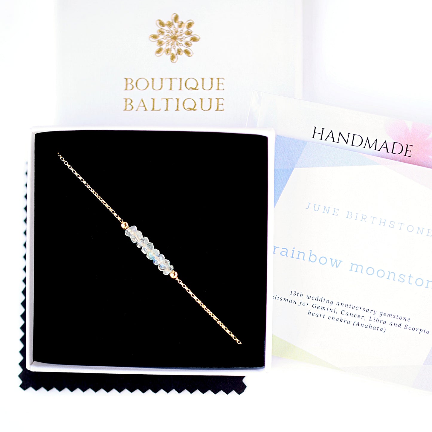 Rainbow Moonstone Anklet with initials in Gold - Boutique Baltique