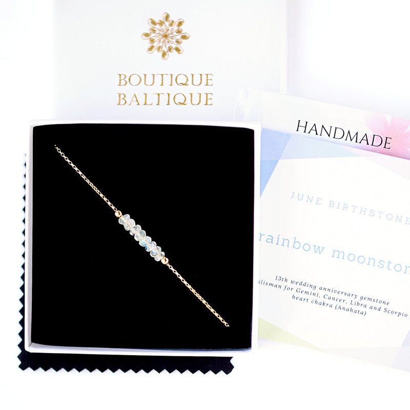 Rainbow Moonstone Bracelet with initials in Rose Gold - Boutique Baltique 