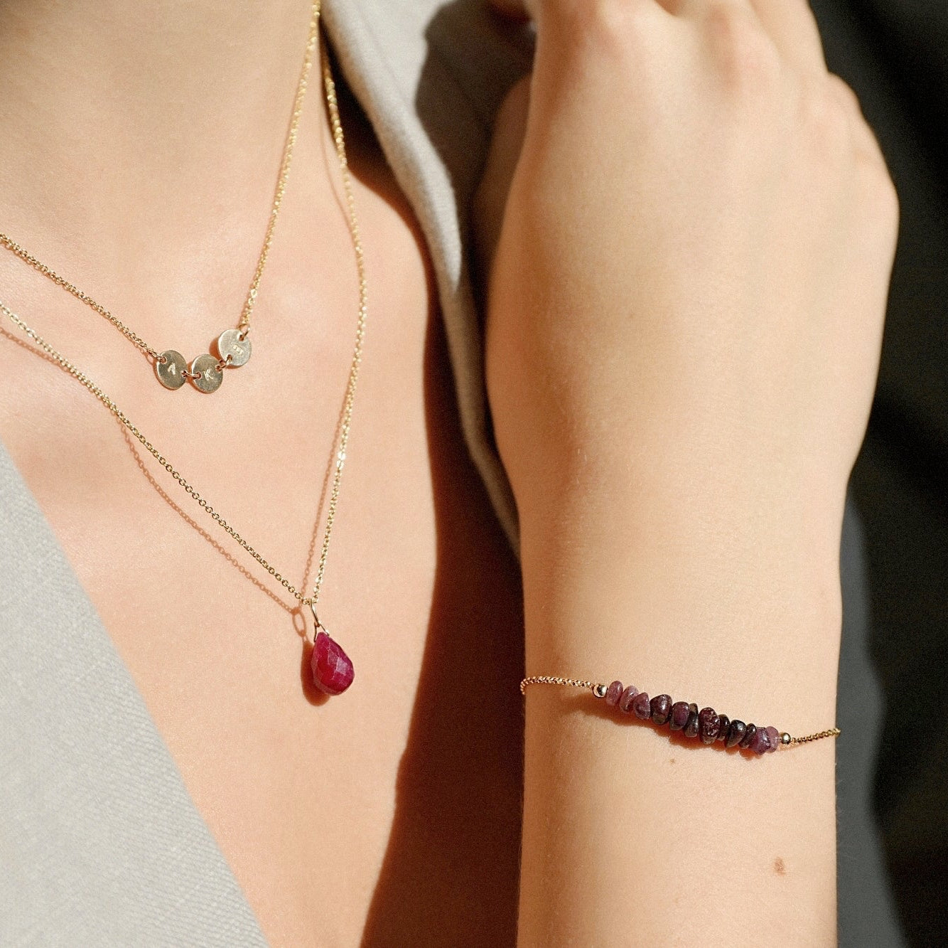 Raw Ruby Bracelet, Ruby Drop Necklace, SIGNE Necklace with Initials - Handmade by Boutique Baltique