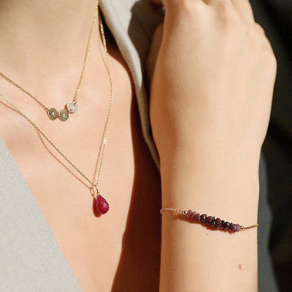 Raw Ruby Bracelet, Ruby Drop Necklace, SIGNE Necklace with Initials - Handmade by Boutique Baltique