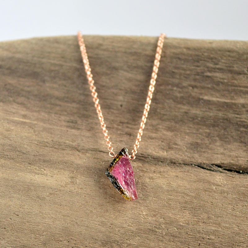 Raw Watermelon Tourmaline necklace, October Birthstone, Raw Stone, Green Pink crystal Pendant in Gold, Rose Gold or Silver. Gift for Women