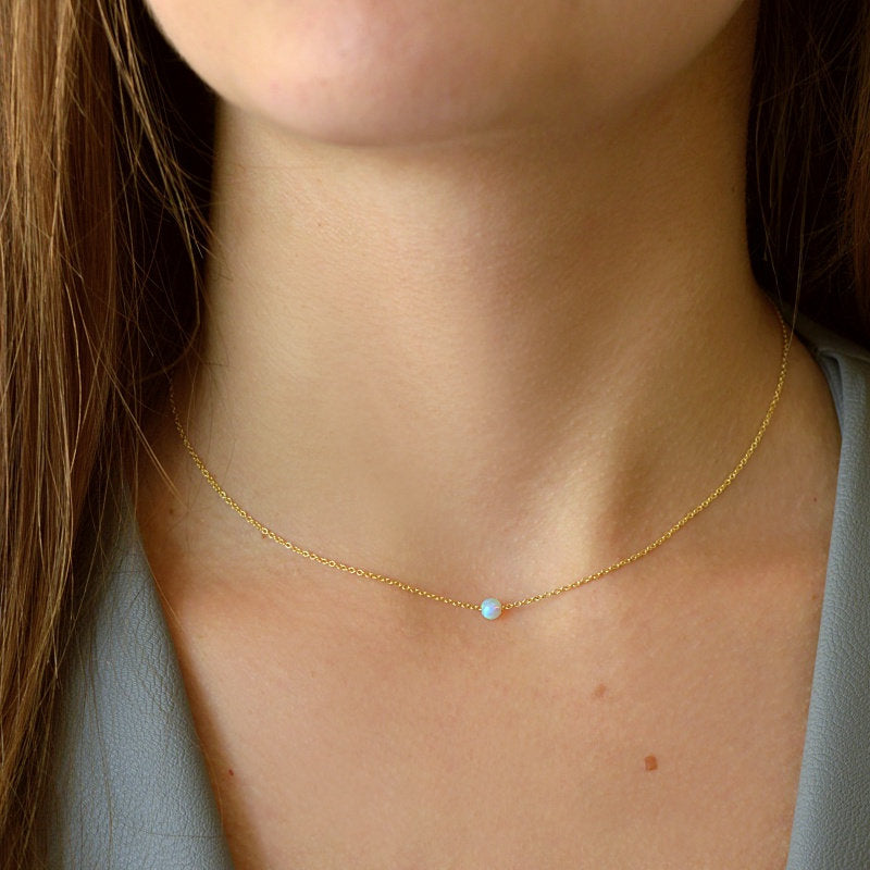 White Opal necklace - October Birthstone - Tiny Floating Gemstone Dainty Stone Choker, Crystal in Gold, Rose Gold, Silver, Gift for Women
