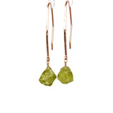Raw Peridot Dangle Earrings in 14k Rose Gold with hammered handmade earwires