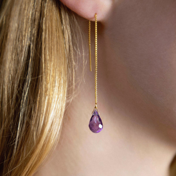Genuine Amethyst Threader Earrings in 14k Solid Gold, Rose Gold or Sterling Silver - February Birthstone - &quot;Splash&quot; - Gift for Women