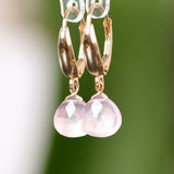 Rose Quartz Earrings, 14k Gold Huggie Earrings, Pink Quartz Dangle Earrings, Solid 14K White Gold, Rose Gold Earrings, Summer Jewelry