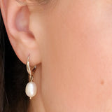 14k Pearl Earrings, Solid Gold Earrings, Pearl Hoop Earrings, Bridal Earrings, Pearl Huggie Earrings, Leverback Earrings