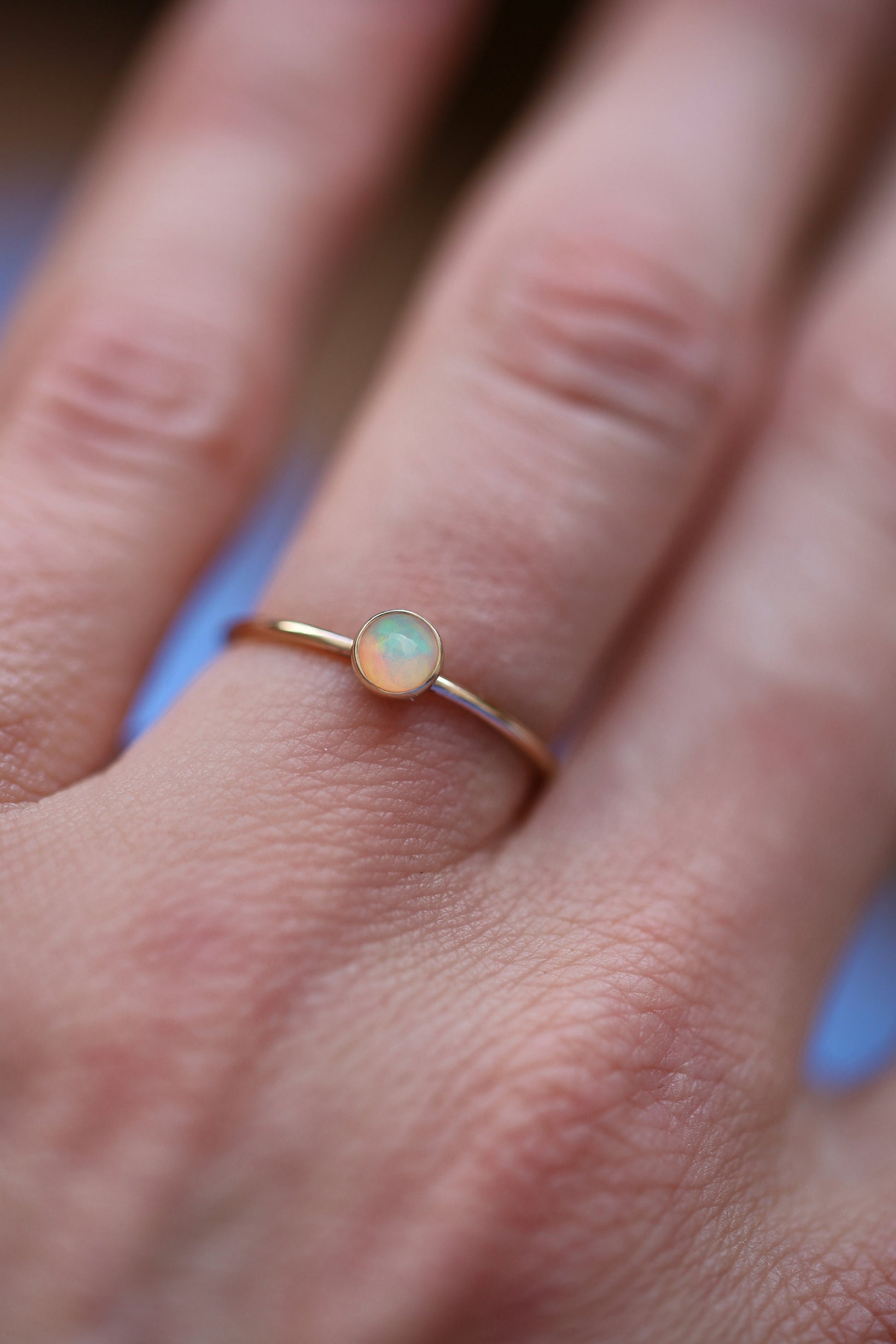 14k Gold Ethiopian Opal Ring, 14k Solid Rose Gold Genuine Opal Ring, Dainty Stackable Ring, Minimalist Ring, Handmade Jewelry